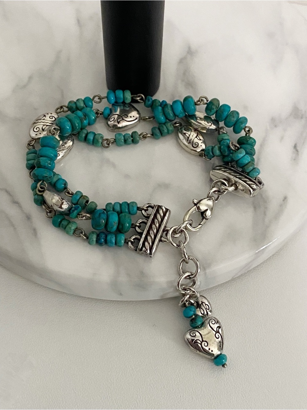 Brighton Jewelry retired Turquoise tone & heart charm triple strand bracelet